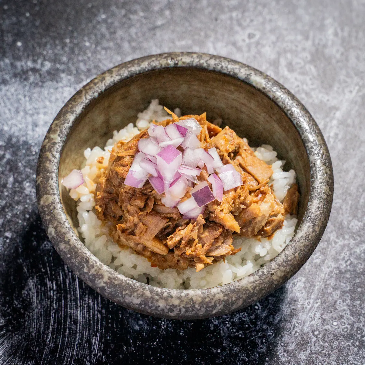 Chashu Rice Bowl - Rice bowl topped with pork chashu, red onion, and savory soy glaze
